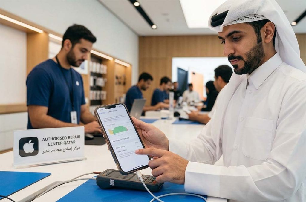 Customer reviews iPhone battery settings with a diagnostic cable at a way to fix Apple repair center in Doha, Qatar.